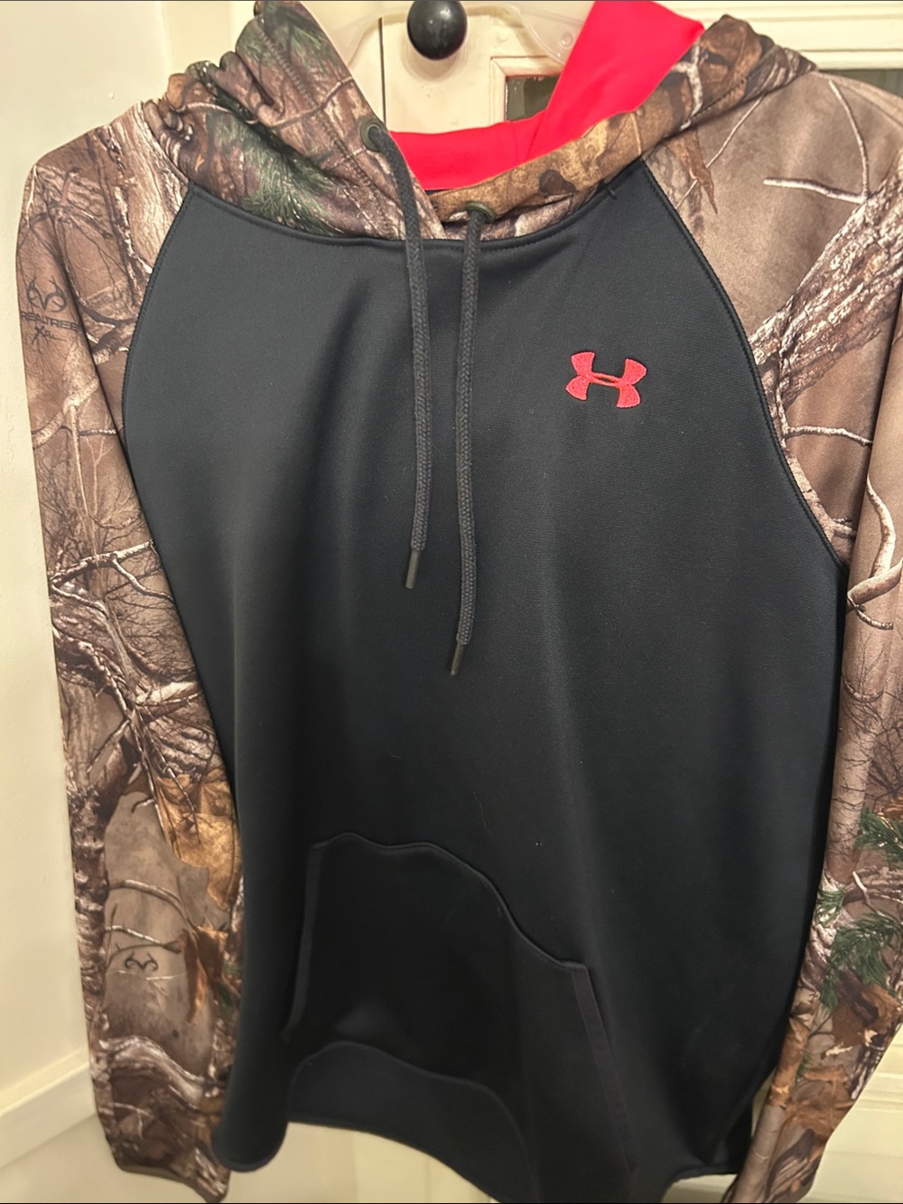 Large Under Armour Black Camo-Sleeve Hoodie with Red Logo